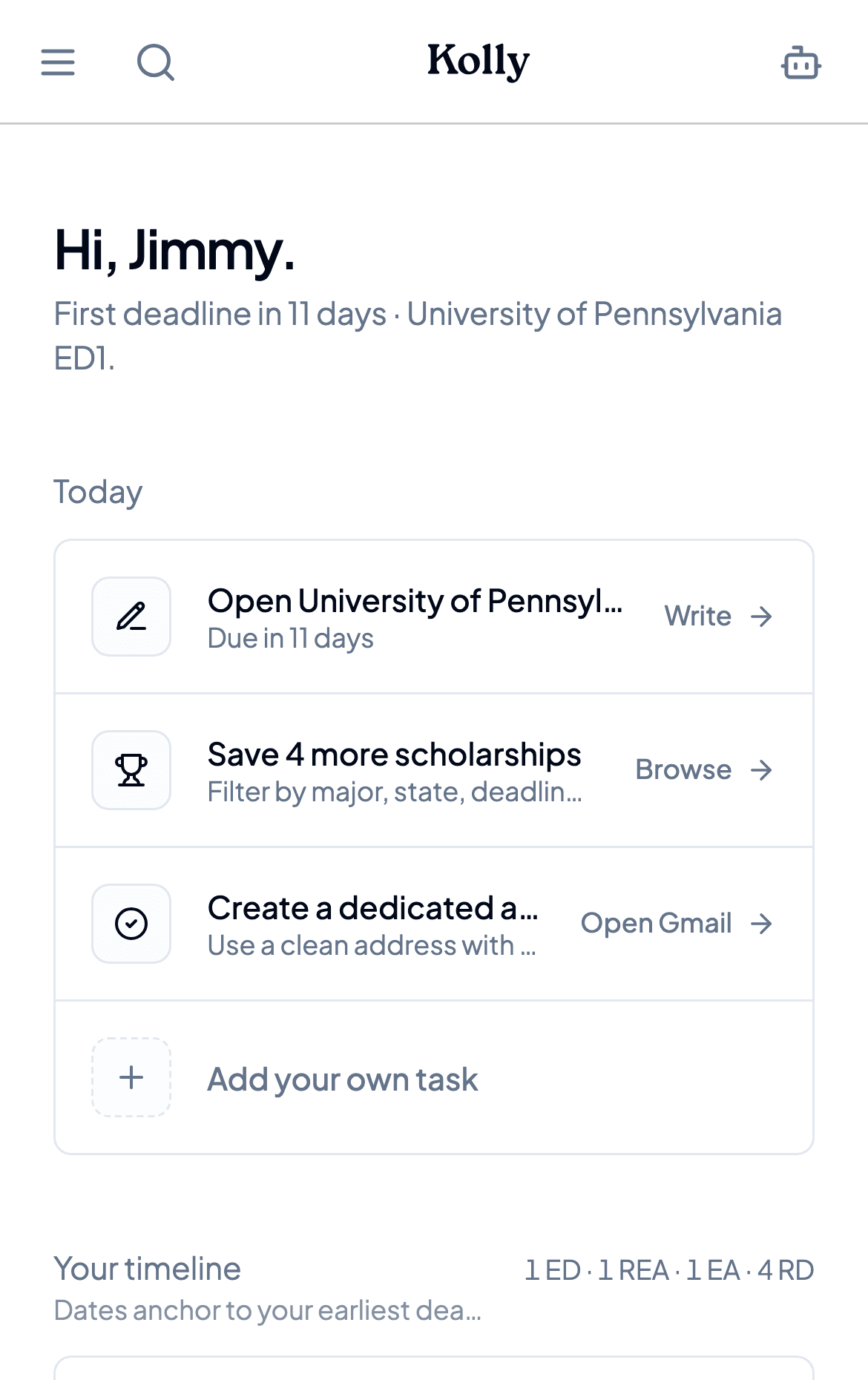 Kolly application home with deadline timeline and 25-step roadmap